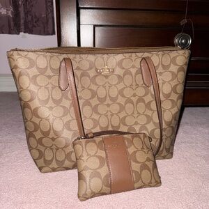 Coach Signature Canvas Tote in Brown + Coach Signature Corner Zip Wristlet